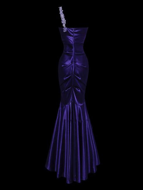 Gothic Purple One Shoulder Evening Gown - Satin Evening Dress - Mermaid Style Formal Gown Plus Size